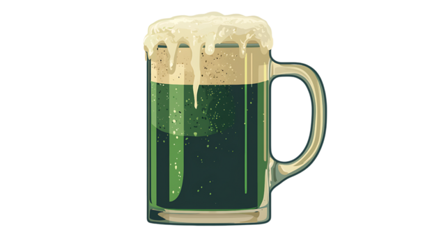 Refreshing green beer in a clear glass mug.