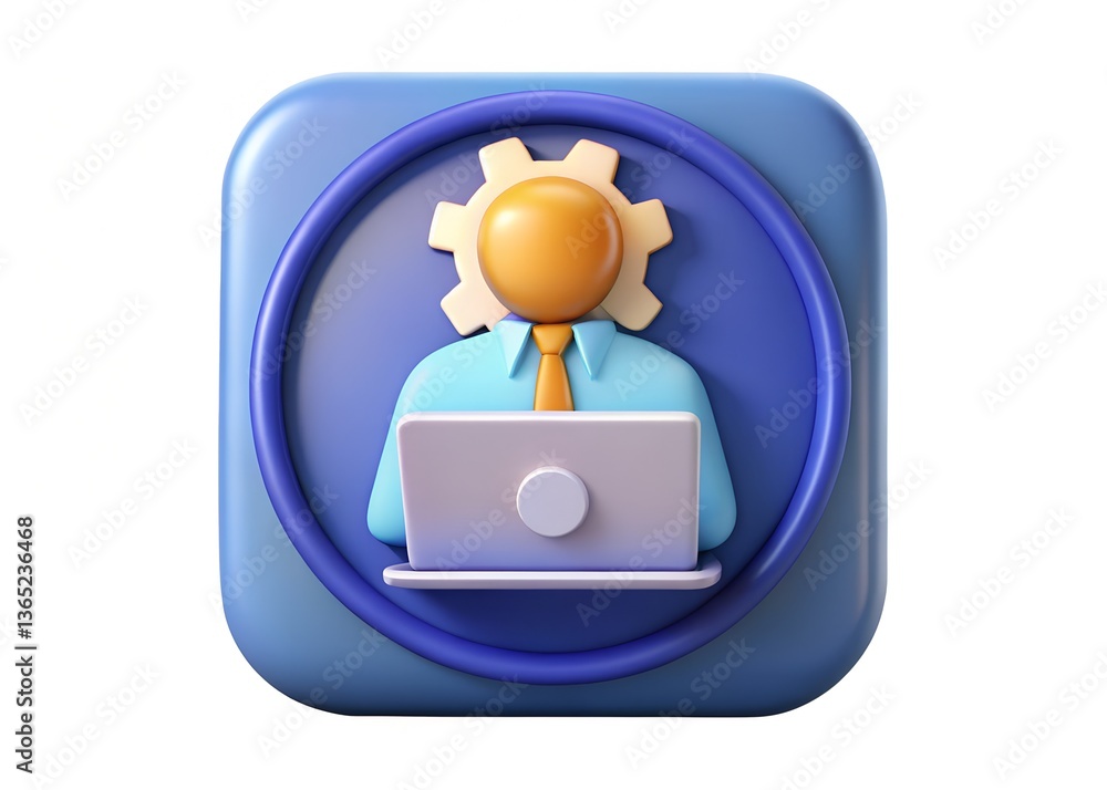 Poster digital workspace icon: a stylized icon features a stylized worker figure with a gear-shaped head, a