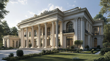 Obraz premium Elegant mansion with grand columns and lush garden surroundings