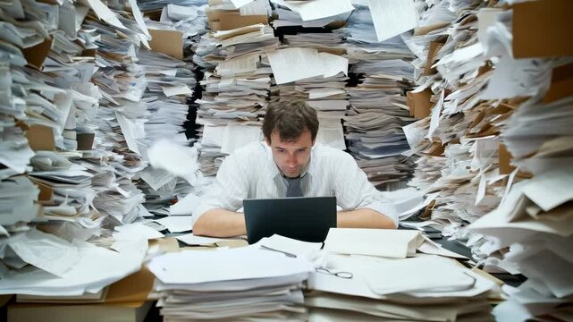 Overwhelmed man works at desk surrounded by piles of paper and documents in a cluttered office space during the afternoon
