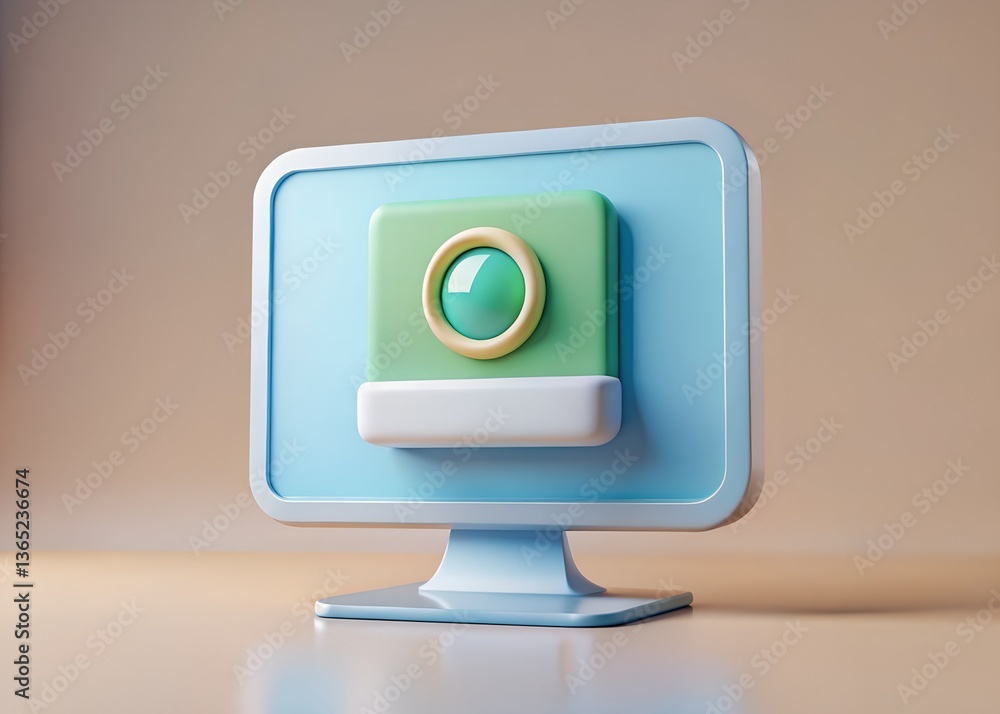 Poster tech icon: an abstract, 3d-rendered icon of a computer screen. the image is designed with a focus on