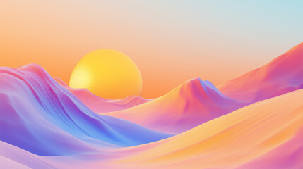 Soft pastel surreal landscape with a bright sun rising over colorful mountains