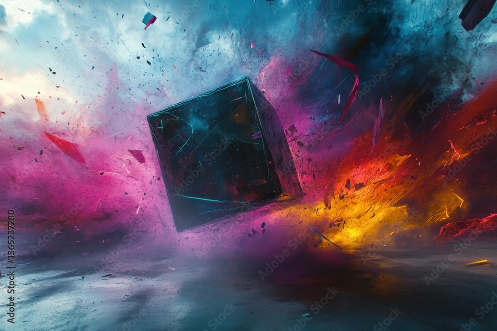 Poster dynamic abstract cube surrounded by vibrant colors and swirling energy in a cosmic environment