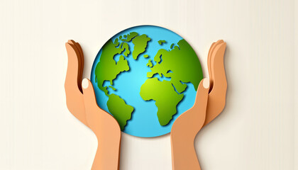 Fototapeta premium illustration of Hands holding Earth in papercut art