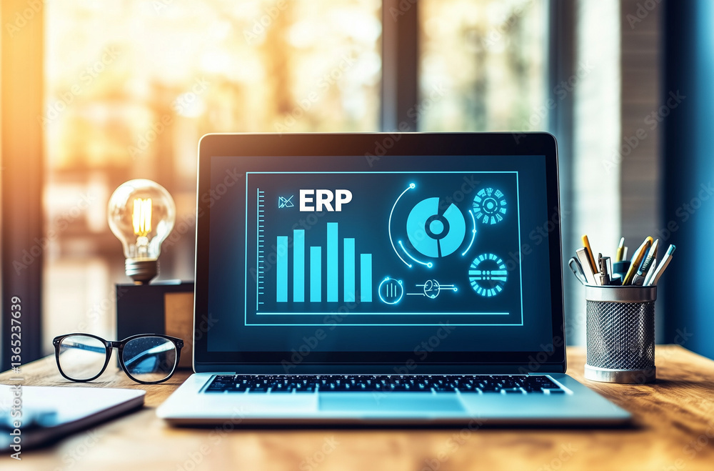 Poster enterprise resource planning concept, modern laptop displaying erp software dashboard with charts gr