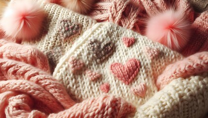 Fluffy and warm knitted fabric in pastel tones with heart motifs in ultra-HD