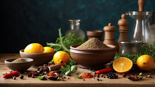 A dark, textured surface features a variety of fresh ingredients arranged artfully.