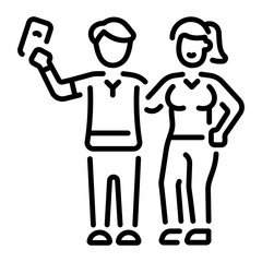 Two friends taking a mobile selfie, linear style icon 
