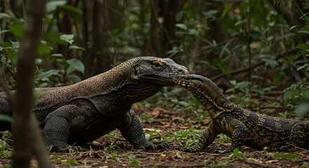Fototapeta premium Komodo Dragon and Monitor Lizard Interaction in the Lush Forest Habitat