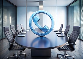Virtual Meetings: Inside a modern conference room, a gleaming telephone icon floats above a sleek conference table, suggesting the importance of communication and technology in modern business