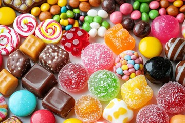 seamless of  candies with jelly and sugar. colorful array of different childs sweets and treats. , isolated on white background,  , copy space for text,