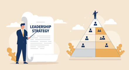 Man explaining leadership strategy. Pyramid chart illustrates team hierarchy.