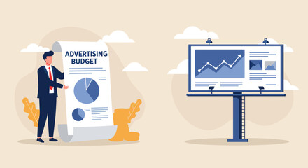 Businessman reviewing advertising budget and billboard.