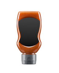 Red plastic or glass bottle of hot sauce with black label on white background. Ketchup, salsa, tomato paste, hot chili pepper. Convenient container for barbecue marinades and sauces. Copy space.