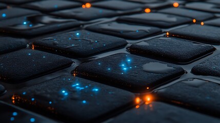 Fototapeta premium Detailed close up of glowing squares with water droplets