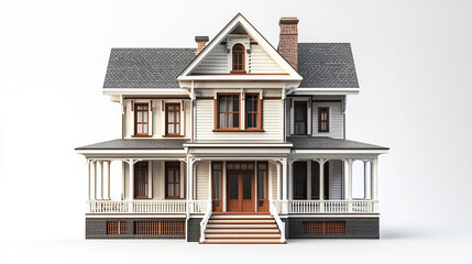 Classic house with porch and gabled roof on white background
