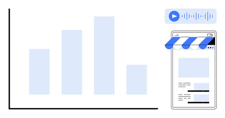 Bar chart data with a mobile storefront screen and audio player depict analytics, digital marketing, and e-commerce. Ideal for business strategy, growth tools, marketing, multimedia, tech, planning