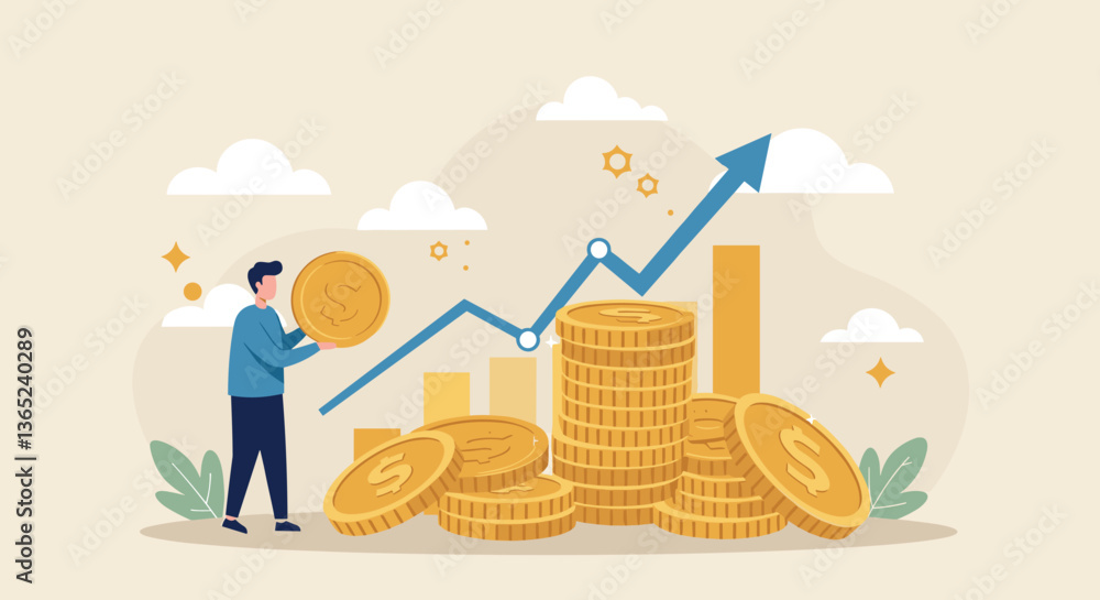 Aufkleber man adding coin to growing stack, financial success.