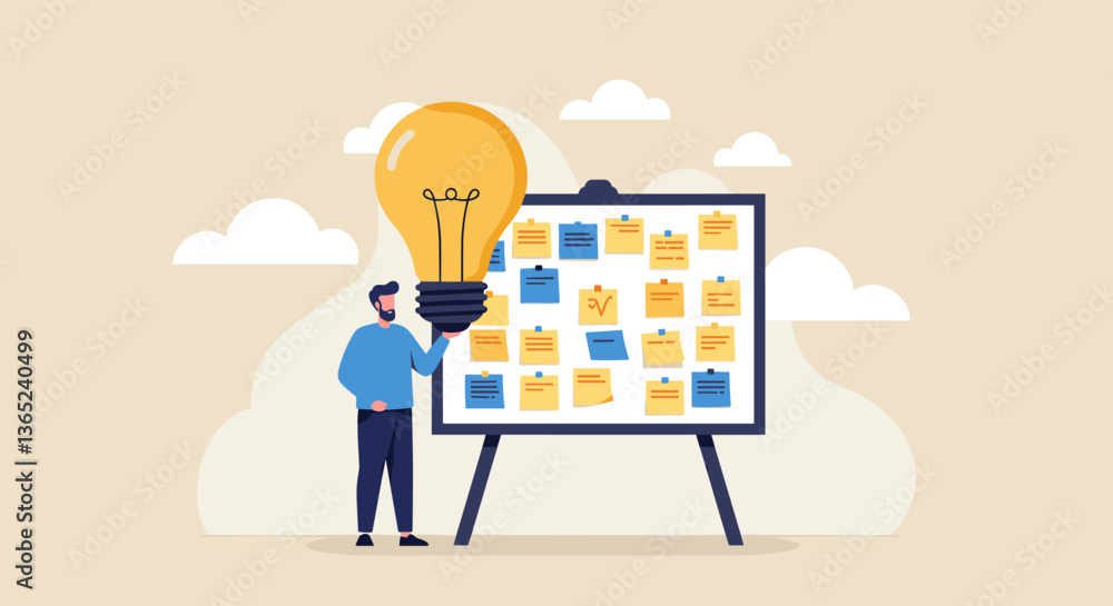 Poster man with a lightbulb idea near a whiteboard with sticky notes.