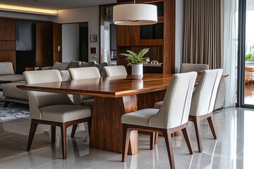 Mid century Modern Interior Dining Room, interior photograph of a modern dining room with wood-built dining table and pendant lighting. Generative AI
