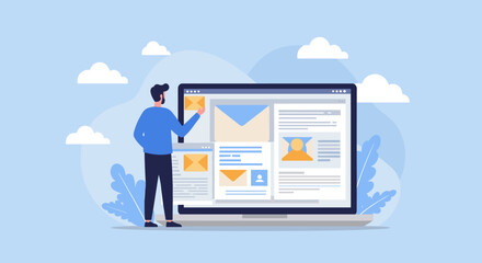 Obraz premium Man organizing emails and content on large screen.