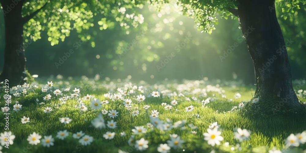Aufkleber Sunlit Meadow with White Daisies and Green Grass in a Tranquil Setting with Soft Light and a Pixelated Artistic Look
