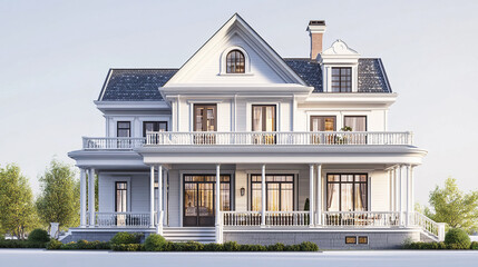 Fototapeta premium Classic house with wraparound porch and gabled roof on sunny day