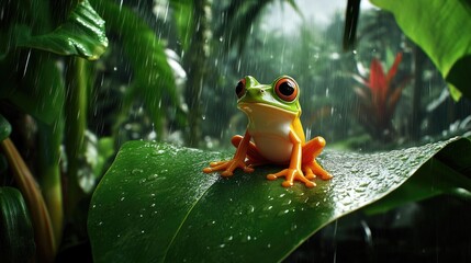Rainforest Frog for Rain Shower, Lush Leaf.