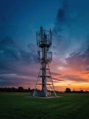 Modern cell tower stands against a colorful sunset in a rural area