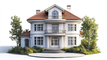 Obraz premium Elegant classic house with red roof and lush greenery