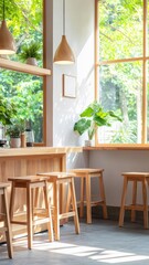 Fototapeta premium Sunlit Cafe Interior with Wooden Bar and Lush Greenery View