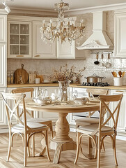 Warm inviting kitchen featuring a round wooden table set beneath an ornate chandelier complemented by light-colored cabinetry and natural wood accents.