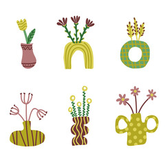 A collection of abstract floral vases with unique modern designs, featuring hand-drawn botanical elements, perfect for home decor, wall art, textiles, prints, stickers, and digital illustrations.