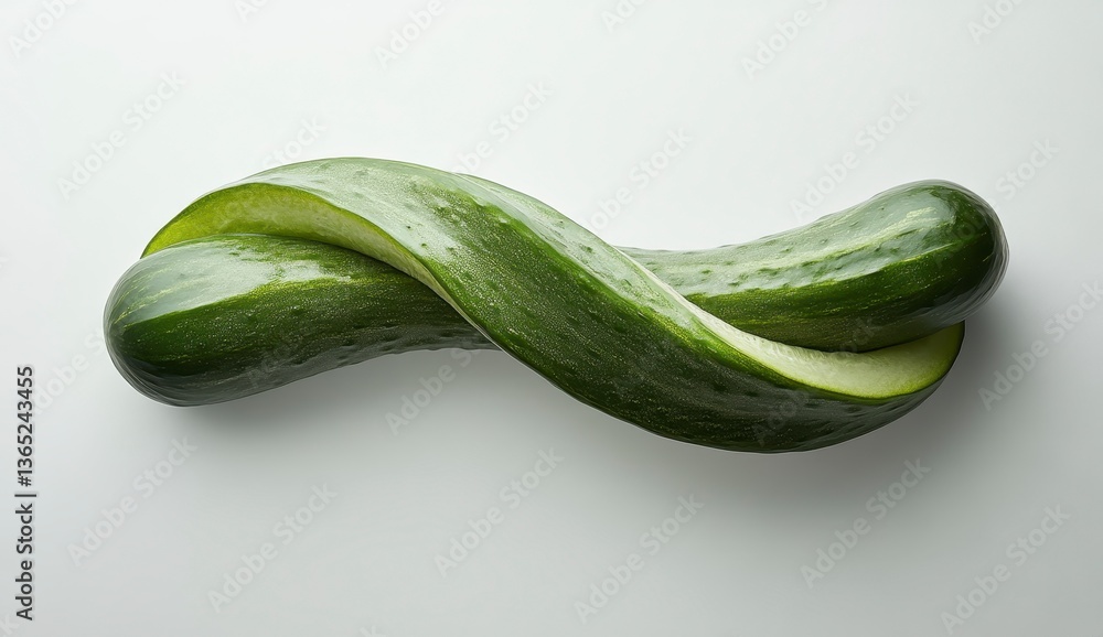 Poster artistic composition of two twisted fresh green cucumbers on a clean white background in a studio se