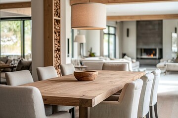 A modern interior photo of a minimalist interior dining room, a bright dining room with wooden dining tables and chairs and pendant lighting. Generative AI
