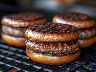 Close up photograph of grilled hamburger patties on buns on a grill