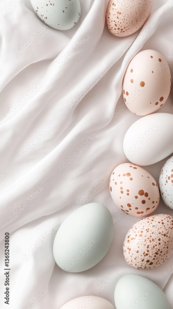 Poster decorative eggs arranged on a soft white fabric showcasing various colors and patterns during spring