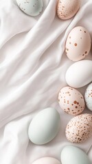 Decorative eggs arranged on a soft white fabric showcasing various colors and patterns during spring celebration season