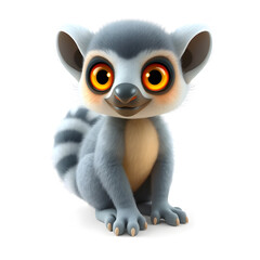 Lemur &ndash; 3D baby lemur, fluffy ringed tail, wide glowing eyes, small paws, pastel gray and yellow tones, white background. Generative AI
