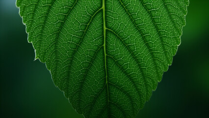 Detalhe de Folha Verde: Textura e Vascularização em Close-Up contra Fundo Natural Escuro