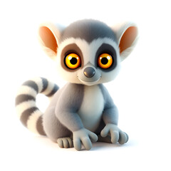 Lemur &ndash; 3D baby lemur, fluffy ringed tail, wide glowing eyes, small paws, pastel gray and yellow tones, white background. Generative AI