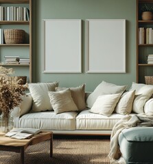 Fototapeta premium Comfortable Beige Sofa with Pillows and Blanket in a Rustic Home Decor Interior with Wooden Bookshelves and Frames on Green Wall