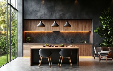 Contemporary Kitchen Interior with Wooden Island Black Countertops and Gray Walls in a Modern Home Featuring Natural Light and Minimalist Design