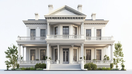 Fototapeta premium Elegant classic house with columns and balconies on white background
