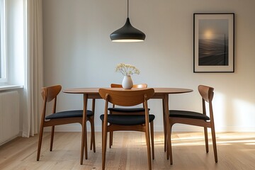Minimalist Interior Dining Room, an interior photo of a dining room with wooden dining tables and chairs and art frames hanging on the walls. Generative AI
