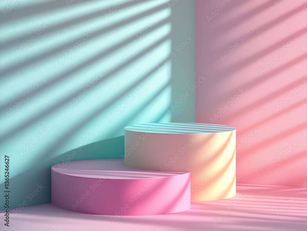 Poster pastel cylinder display showcase with shadow lines for product placement