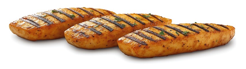 Grilled chicken breasts seasoned and lightly garnished are pictured here