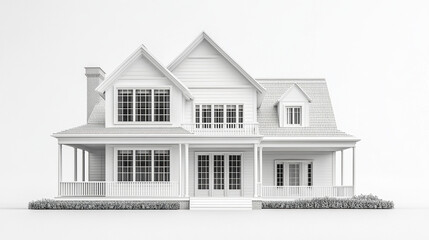Classic white house with gable roof and porch on white background