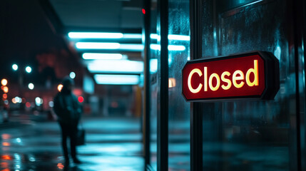 A business owner is wrapping up for the night, hanging a Closed sign on the door. The evening glow casts a soft light as the owner steps into the night.
