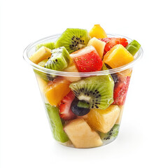 Close up shot of a plastic cup filled with assorted cut fresh fruits